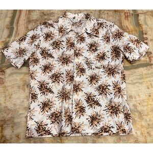 Vintage Mr. California Mens Cuban Camp Shirt White Brown 70s Short Sleeve Medium